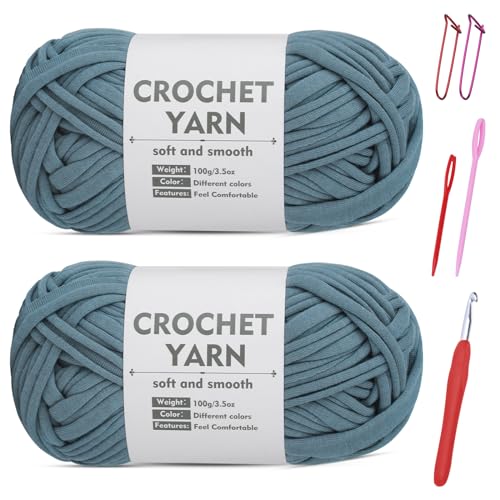 SHWAKK 2 Pack T-Shirt Yarn Set, Gray Blue Knitting Crochet T Shirt Yarn, Tshirt Yarn Kit for Crocheting, Ribbon Cotton Yarn, Knitting Ball
