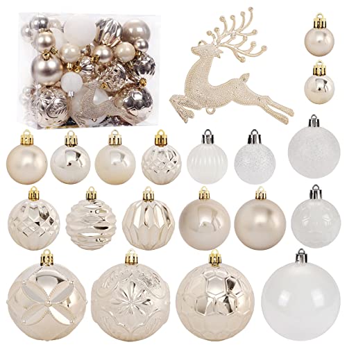 Christmas Tree Ornaments Set, 50 ct Champagne and White Xmas Ornaments Balls for Christmas Tree Decorations Shatterproof Xmas Hanging Ball for Halloween Party Home Decor (Hooks Included)