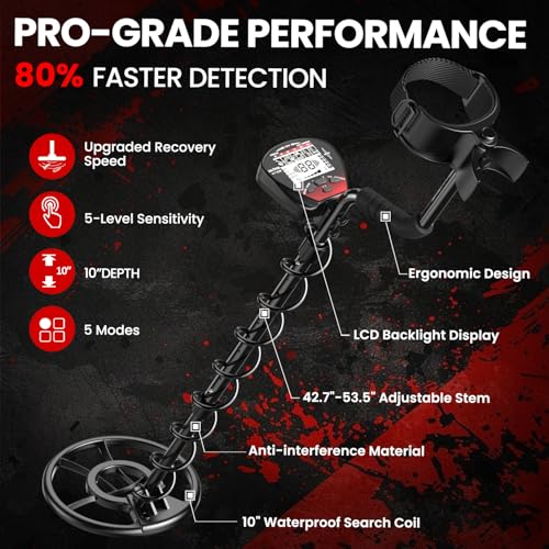 DR.ÖTEK Metal Detector for Adults Waterproof, Professional Gold Detector Kit with High Accuracy, 10" IP68 Coil, Backlight LCD Display, 5 Modes, Advanced DSP Chip for Treasure Hunting, MTXR-Red