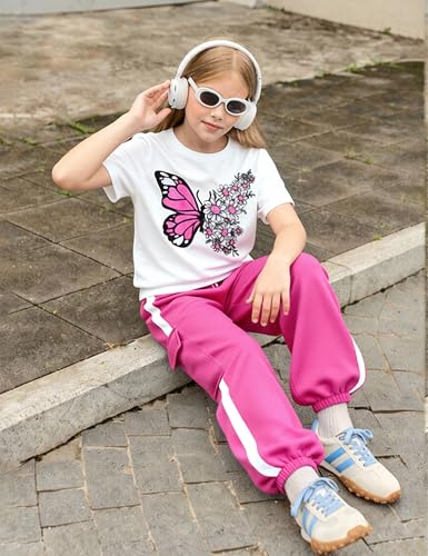 Image of Girls 2 Piece Outfit, Graphic Short Sleeve T-Shirt and Cargo Jogger Sweatpants Set, Ages 4-13