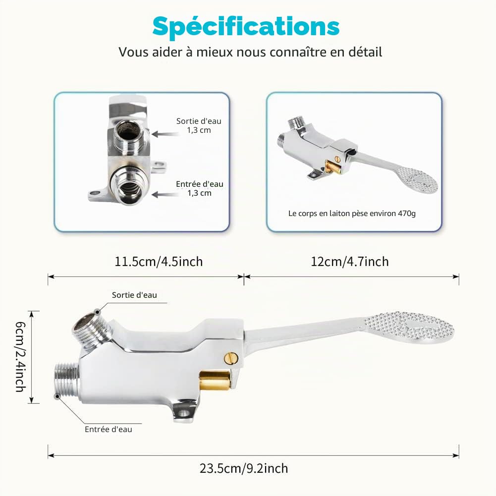 LukLoy Valve à pédale en laiton pour robinets mains libres, eau froide et chaude, finition chromée
