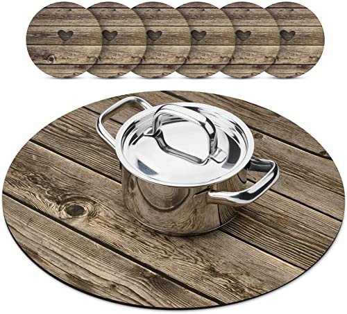 Trivetrunner Rustic Round Shape Decorative Trivet and Kitchen Table Covers with 6 Coasters Set, 17.7 inch long, Heat Resistant Placemat Convenient Placemat for Hot Dishes and Pots.Wooden Like