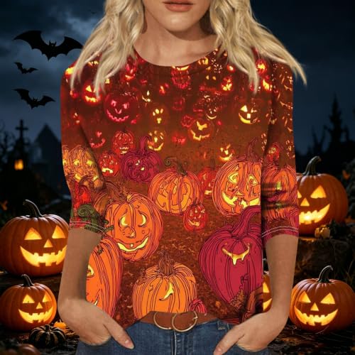 Image of Women Spooky Halloween Graphic Shirt 3 /4 Length Sleeve Crewneck Top | Halloween Funny Printed Pumpkin Plus Size Tshirts 2026 Fall Outfits Skeleton Tee Going Out Tops