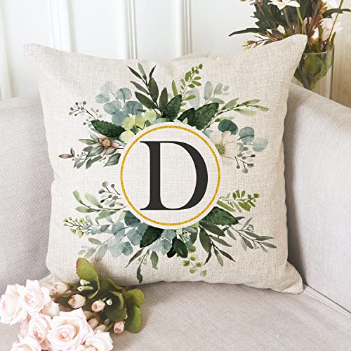 Snycler Monogram Letter D Throw Pillow Covers Floral 18X18 Inch, Greenery Spring Pillows Decorative Throw Pillows Pillowcase Summer Farmhouse Decor For Couch Sofa, Family Last Name Initial Pillow Case #TOP5
