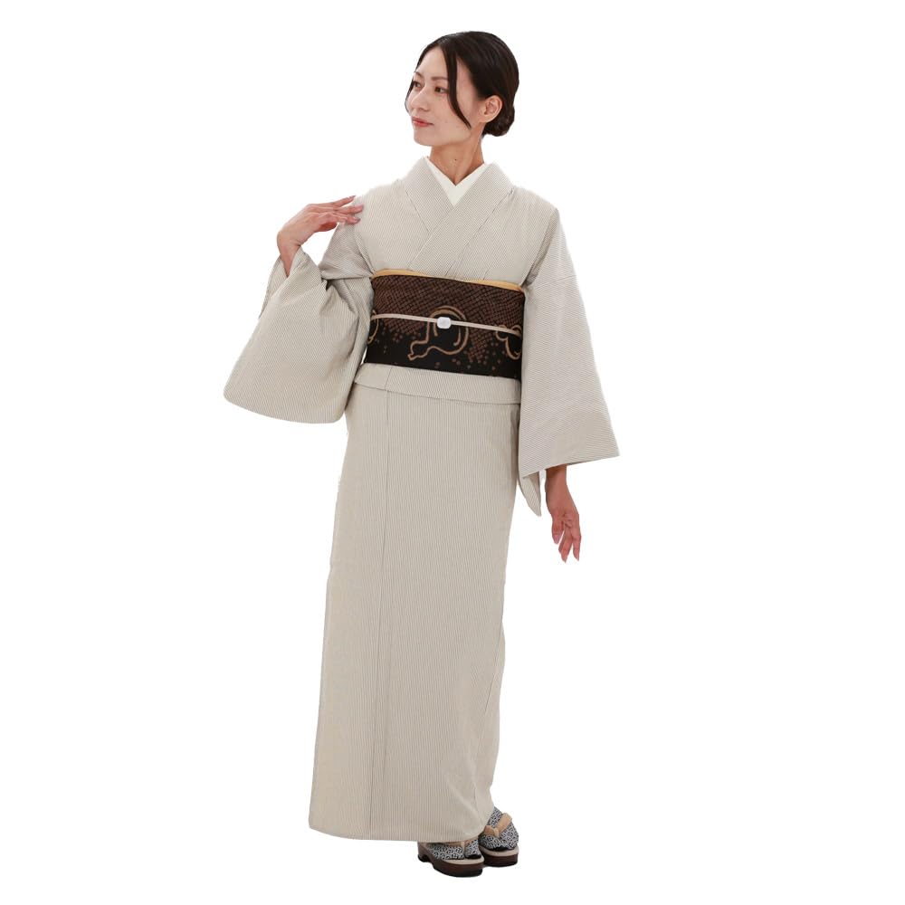 【美品✨】洗える着物　単衣　小紋　手縫い仕立て　モノトーン　縦縞　白　黒　J1 洗える着物】単衣仕立て 小紋 JAPAN_MODE 扇面/チャコール 身丈