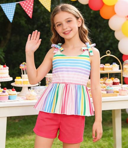 Image of Toddler Girls Clothes Summer Short Set Outfit Tie Knot Shoulder Sleeveless Ruffle Tops and Shorts 2PC Clothing Set