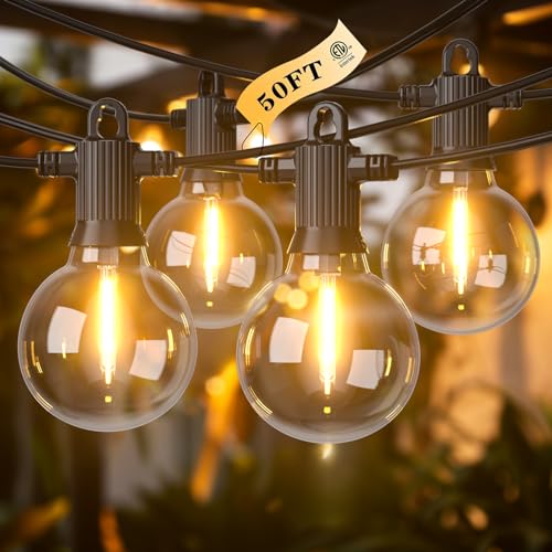 Kawaya Outdoor String Lights 50 FT LED Patio Lights with 25+2 Shatterproof Edison Globe Bulbs - IP65 Waterproof Dimmable Hanging Lights - 2700K Warm White Lighting for Outside Porch Deck Bis