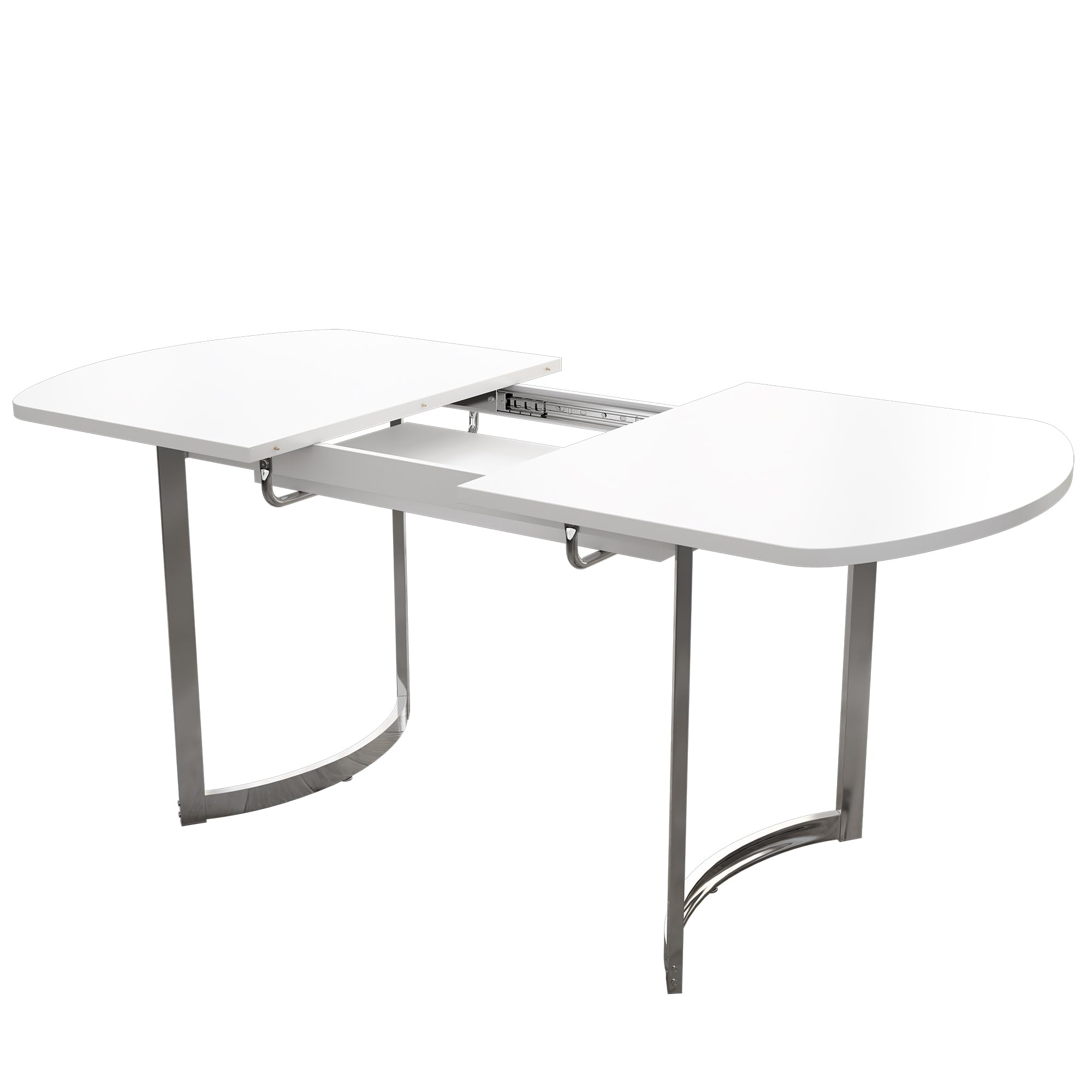 Soweiz Mesa de comedor extensible 140/180 x 80 cm, longitud extensible 180 cm, patas de metal plateadas, soporte de aleación de alta resistencia, adecuado para 4 – 6 personas, color blanco + plateado