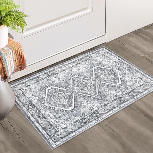 KUTA Rugs for Entryway Oriental Small Washable Area Rug 2x3 Grey Non-Slip Ultra Soft Printed Vintage Distressed Tribal Low-Pile Indoor Door Mat Carpet for Entrance Bedroom Kitchen