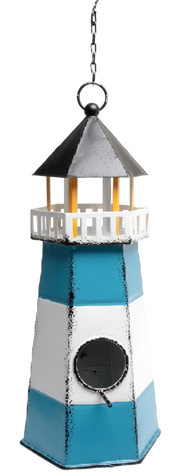 Maritimes Vogelhaus im Leuchtturm-Design, Metall, Blau/Weiß/Schwarz, 34 cm, mit Metallkette zum Aufhängen
