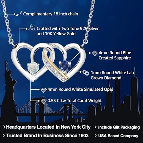 Gem Stone King 925 Silver and 10K Yellow Gold White Simulated Opal Blue Created Sapphire and Lab Grown Diamond Interlocking Heart Pendant Necklace For Women (0.53 Cttw, with 18 Inch Chain)2