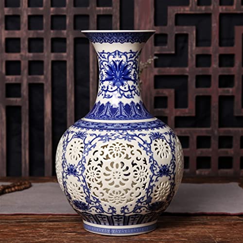 FAMoUsGoods Jingdezhen Huele Cerámica Jarrón Chino Azul y Blanco Pierced Jarrón Salón Decoración de la Sala de Porcelana Florero de Porcelana Floreros Decorativos