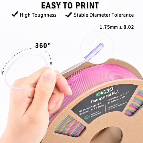 Image of OVV3D Transparent Rainbow PLA Filament 1.75mm, Multicolor Purple Green Orange Translucent 3D Printer Filament, Clear PLA Gradient Color Change, Spool 1KG, + /- 0.02 mm, Fit Most FDM 3D Printers
