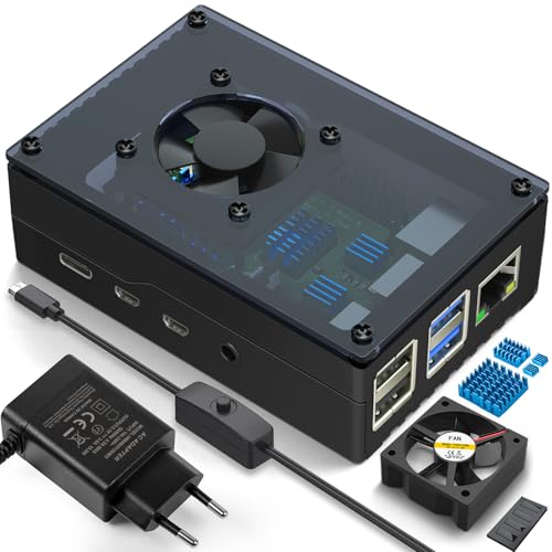 Miuzei Funda para Raspberry Pi 4 con interruptor de encendido/apagado USB-C de 5 V 3 A, carcasa de fuente de alimentación de 15 W, ventilador acrílico visible, disipador de calor de aluminio solo para