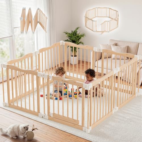 Image of Foldable Wooden Playpen - Adjustable Wood Baby Play Yard with Child-Proof Lock, Indoor Large Safety Fence for Babies and Toddlers - Easy Assembly, 55 x 55 x 24 inches, Nature Nest
