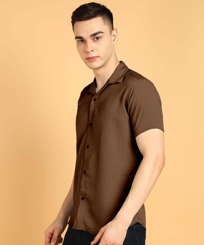 Image of COMBRAIDED Men's Solid Cotton Blend Half Sleeve Shirt - Regular Fit Casual Button-Down Shirt for Office & Travel - Summer & Spring