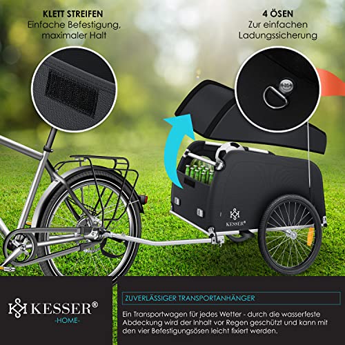 KESSER® Fahrradanhänger Lastenanhänger Transportanhänger Hochdeichsel mit Kupplung Hochdeichsel Anhänge für Fahrrad Transportbox 120 Liter Inkl. Regenschutz mit Klappfunktion & Fahne 40Kg Schwarz