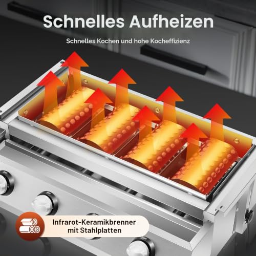 Foto von 4-Brenner Gasbräter Gasgrill BBQ Bräter Propan Tischgrill Edelstahl Gastrobräter mit Ölauffangschale Abnehmbarer Grill Höhenverstellbar für Hinterhof, Garten, Terrasse, Deck und Balkon
