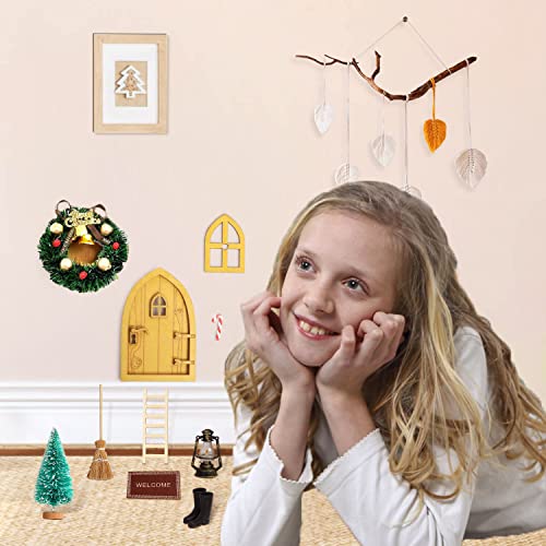Aniepaa Gnome Door Christmas, Gnome Door Nissedor with Accessories, Christmas Gnome Door Set, Gnome Door Christmas Tree Wreath Wooden Ladder Gnome Broom Rubber Boots Carpet Miniature Garden Furniture (16 Pieces) - Image 7