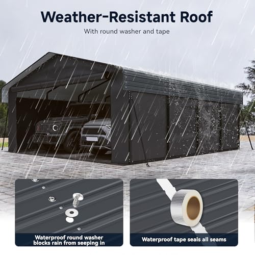 Image of 20 x 20FT Heavy Duty Metal Carport, Outdoor Carport with Galvanized Steel Frame and Roof, Multi-Use Car Shelter with Removable Sidewalls for 2 Cars, Pickup, Tractors, Gray