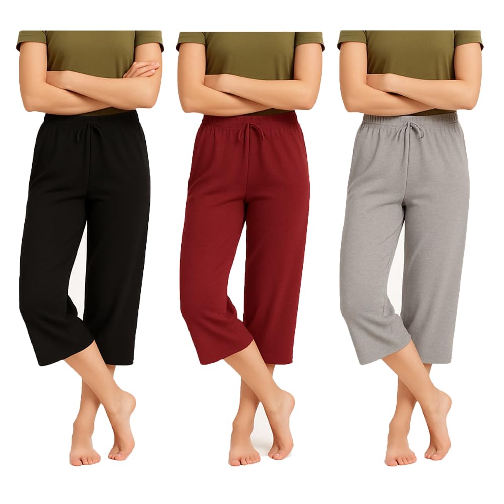 Womens Cotton Plain Loosefit Capri, 3/4th Capri Trousers For Girls Combo Pack Of 3 (Black,Grey,Marrone)-picture-26