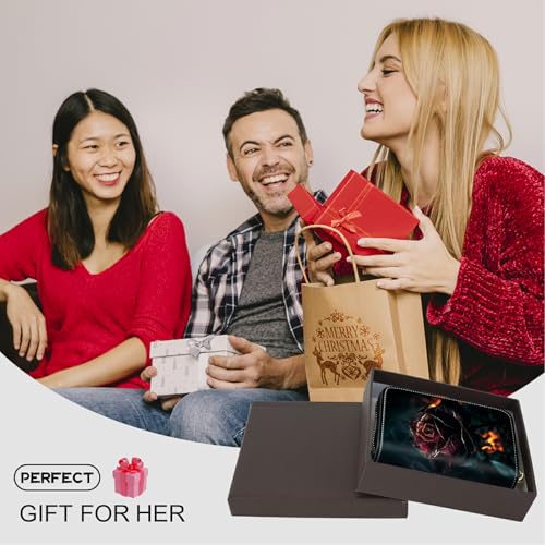 Image of Cute Credit Card Holder with Zipper, Burning Rose RFID-Blocking Card Case Small Wallet for Women Men, Multi-slot Card Organizer Case Travel Accordion Wallet