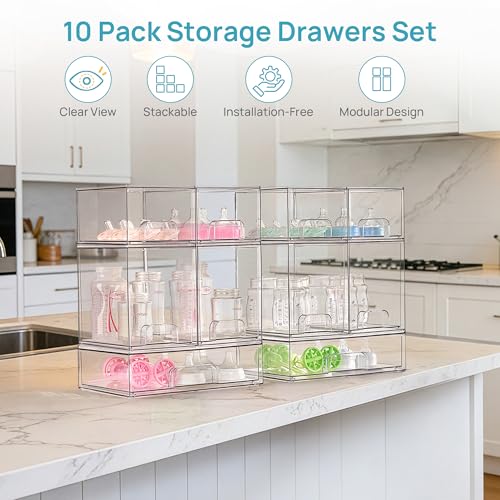 Image of Vtopmart 10 Pack Baby Bottle Organizer Set, Stackable Storage Drawers Ideal for Kichen Countertop, Vanity, Bathroom, Cabinet, Pantry Organization