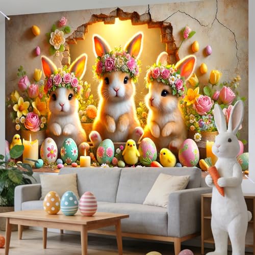 Image of Nuxovilar 43x70 inch Bunny Trio Flowers Easter Banner | Playful bunny trio and floral Easter backdrop for home decor and spring festivity.