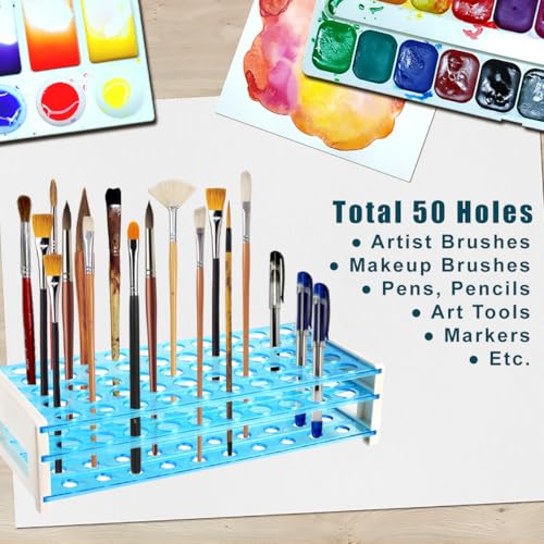 Image of Plastic Paint Brush Holder and Organizer Artist 50 Hole Desk Stand Holder for Pens, Pencils, Markers, Paint Brushes, Makeup Brush Rack, Office School Art Supplies (Blue)