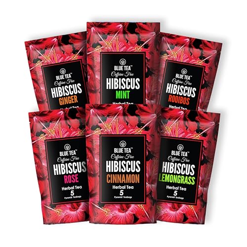 BLUE TEA - Hibiscus Assorted Tea Gift Set | 30 Count - Pyramid Plant Based Tea Bag - 6 Floral Blends | VARIETY PACK | Caffeine-Free - Flower Based - Non-Bitter - Vegan | Gifts for Him and Her