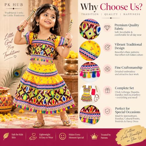 Image of PK HUB Kids Ethnic Radha Dress Lehenga Choli | Chania Choli Set | Janmashtami Mythological | Dandiya Dance Costume | Rajasthani ethinic style For Baby Girls