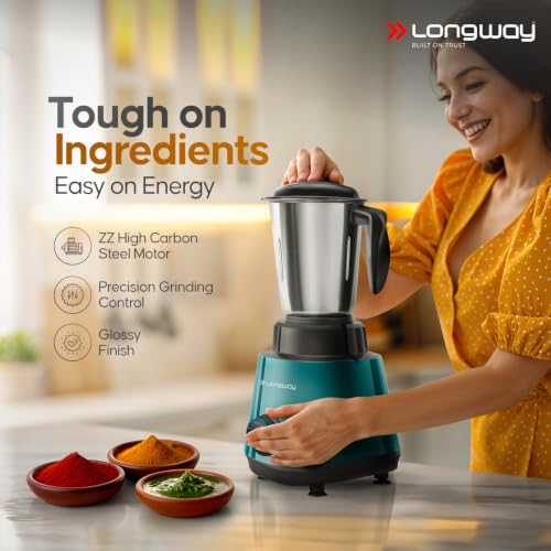 Image of Longway Super Pro Mixer Grinder | 500 Watt Powerful Motor | 3 Jars for Grinding, Mixing, Juicing (Teal & Black, 3 Jars)