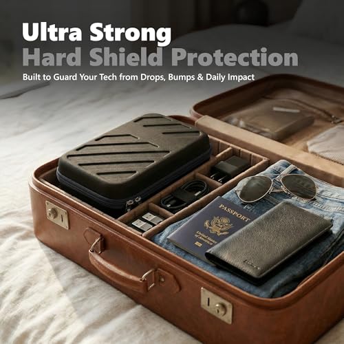 Image of BonKaso Electronics Organizer Travel Case - EVA Hard Shell Tech Pouch for USB Cable, Charger, Power Bank, Earphones, Hard Drive Storage | Compact Shockproof Gadget Organizer - Black