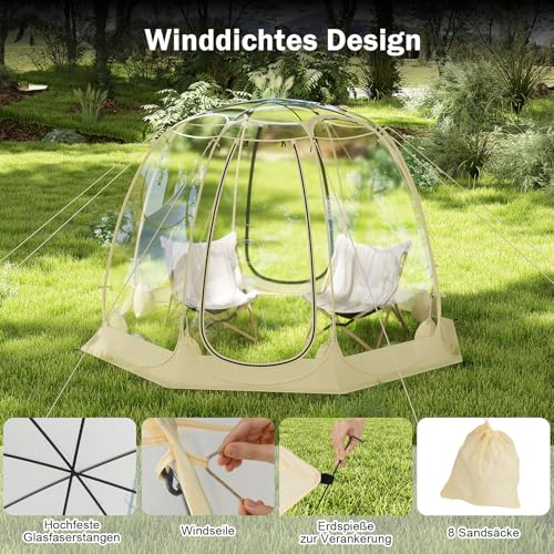 GYMAX Transparentes Pop up Zelt, faltbares Kuppelzelt für 5-6 Personen, durchsichtiges Wurfzelt mit Tragetasche, Bubble-Zelt für Outdoor-Aktivitäten, Sofortzelt wetterfest