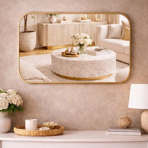 Image of Rousrie Premium Glass Wall Mirror with Golden Frame, Big Size 24x18 Inches, for Bathroom, Living Room, Washbasin