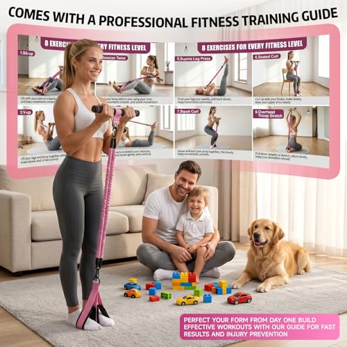 Image of Upgraded Pedal Resistance Band with Handle, Adjustable Exercise Bands for Home Workout, Portable Fitness Equipment for Abs, Arms, Legs & Full Body Training - Pink