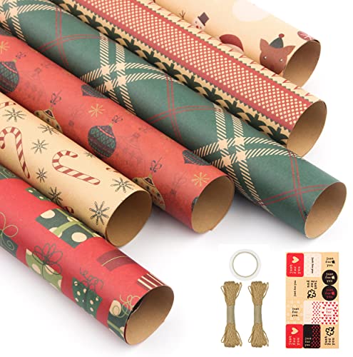Junlic Papier Cadeau Noël 6 pièces Papier d'emballage de Noël Kraft Recyclable 50 x 70 cm Papier Plié Brun avec Corde de Chanvre 20M et Autocollant Emballages de Cadeaux décoratif Papier pour Mariage