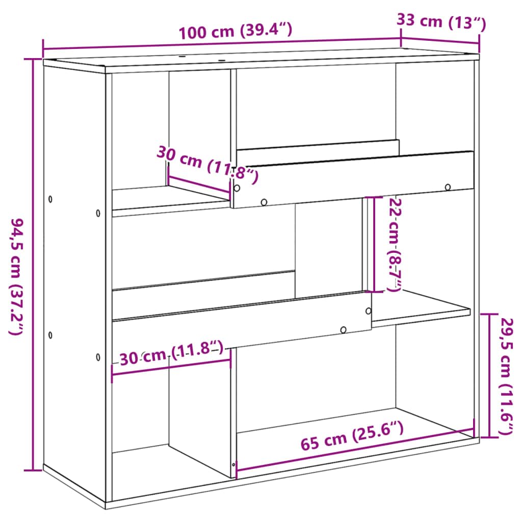 Bücherregal 6 Fächer Betongrau 100x33x94,5 cm | Holzwerkstoff, Raumteiler, pflegeleicht, feuchtes Tuch, inklusive Wandhalterung