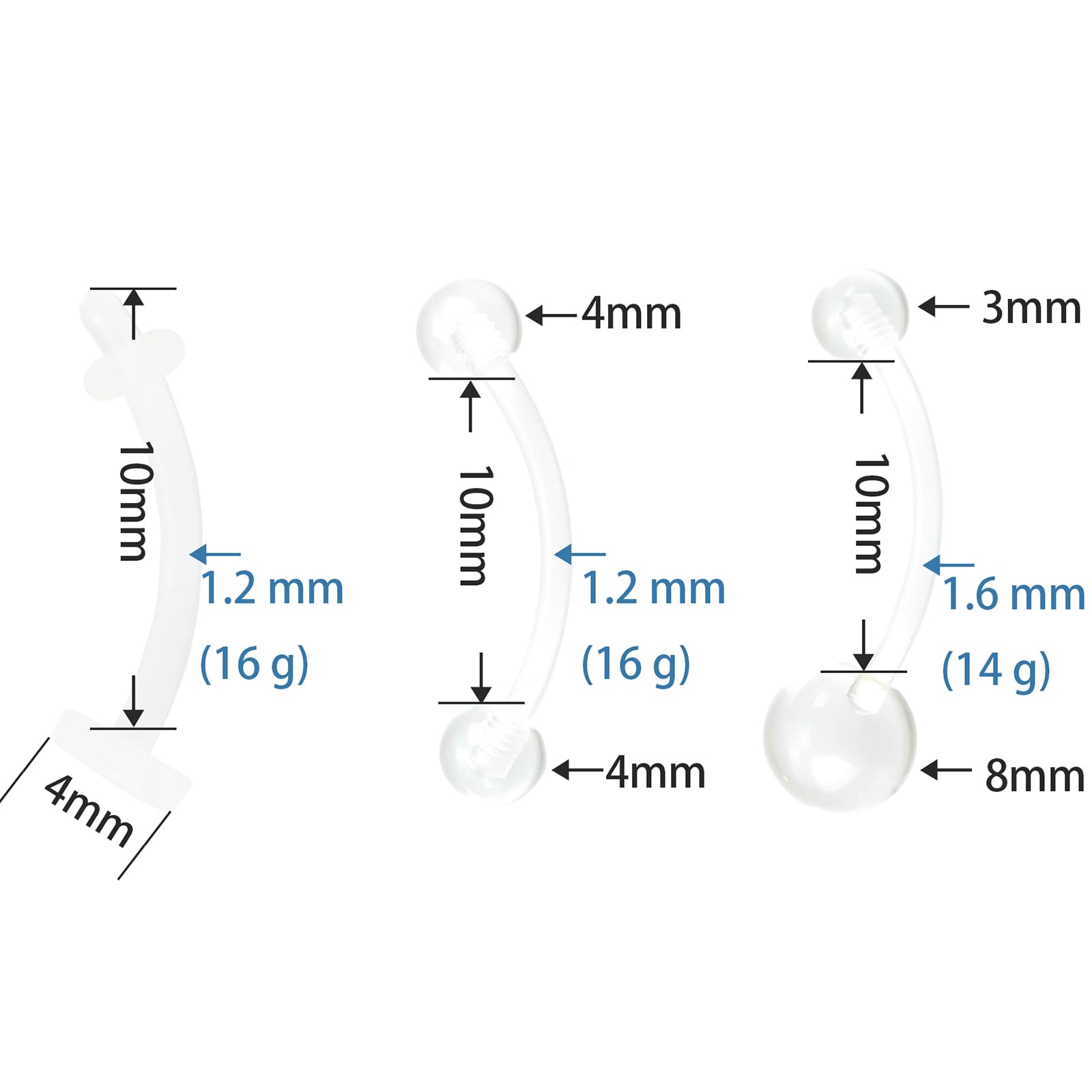 Lot de 12 piercings de nombril en plastique souple 1,6 mm (14 g) 1,2 mm (16 g)