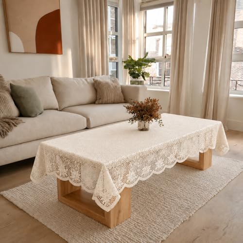 Image of Cotton Net Embroidered Center & Dining Table Cover for 4 Seater | Rectangular 40x60 Inch | Lightweight & Washable Table Cloth | Pack of 1 (Cream)