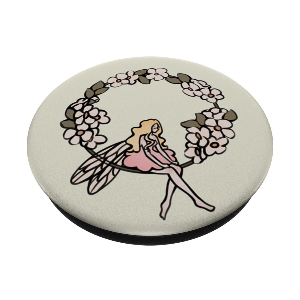 Coquette Fairy Sitting in Flower Wreath PopSockets Swappable PopGrip, Black - Image 2