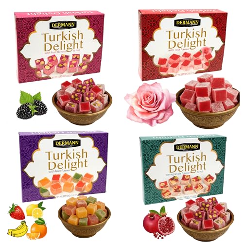 Delicias turcas 4x100g (Set de 4 Sabores: Rosa, Frutas, Frutos Secos y Granada) | Sin gluten | Confitería tradicional de lujo | Vegano, Halal, El Mejor Lokum Turco, Loukoumi