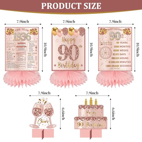 Image of Zirtorei 90th Birthday Decorations for Women, Pink Rose Gold The Year 1936 Happy 90th Birthday Table Honeycomb Centerpieces Party Supplies, 5pcs 90 Year Old Bday Table Toppers Decor