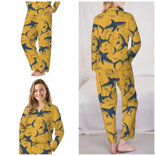 Image of Women'S Long Sleeve Pajama Set Soft Loungewear Button-Down Top & Elastic Waist Pants S- 2XL
