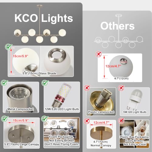 Image of KCO Lighting 7-Light Linear Sputnik Chandelier Brushed Nickel Pendant Light | 31.5 inch Rod for Sloped Ceiling, 12W 3000K E26 Bulb Included, MCM White Milk Glass Light Fixture for Kitchen Island Dining Room