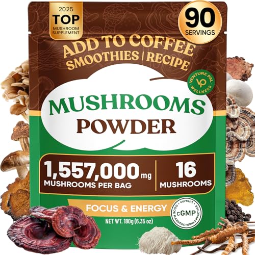 Venture Pal 16 in 1 Mushroom Powder (90 Servings) - 1,557,000mg Mushroom Coffee Alternative with Ashwagandha, Lion’s Mane, Chaga & More | 100% Fruiting Bodies | 10:1 Extract for Immune,Focus & Energy