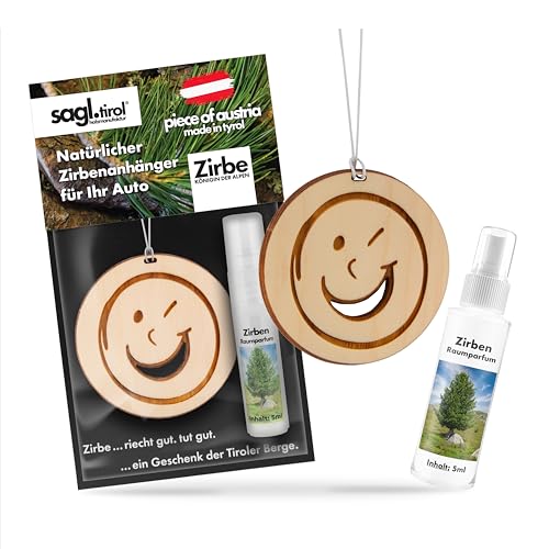 sagl.tirol Auto Duft aus Zirben Holz inkl. Zirben Raum Parfüm 5ml I verschiedene Motive I natürlicher Auto Duftbaum I Auto Duft Innenraum I Auto Lufterfrischer I Autoduft I Smiley