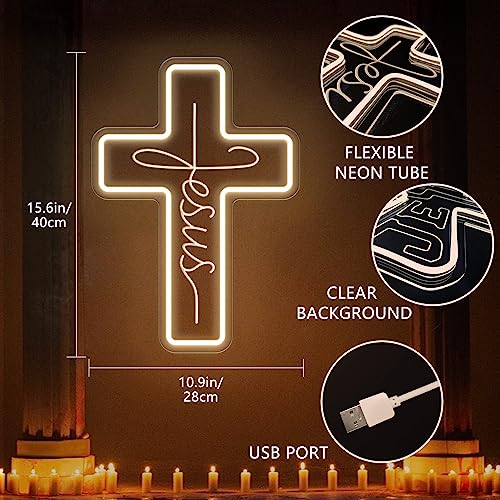 Image of Cross Neon Signs Jesus Neon Signs LED Wall Decor for Bedroom Living Room Weddings, Dimmable Light Sign for Home Decor, Religious Events, Christmas Easter Celebrations Gifts (Jesus Cross)