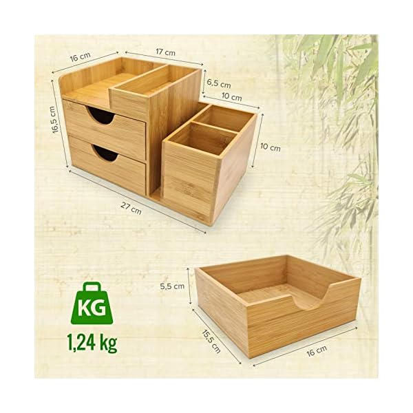 DGREGIO Schreibtisch Organizer Bambus, Nachhaltiger Büroorganizer mit Stiftehalter, Stifteköcher und Schubladen für Büroutensilien HxBxT: 16,5x27x16 cm – Bild 4