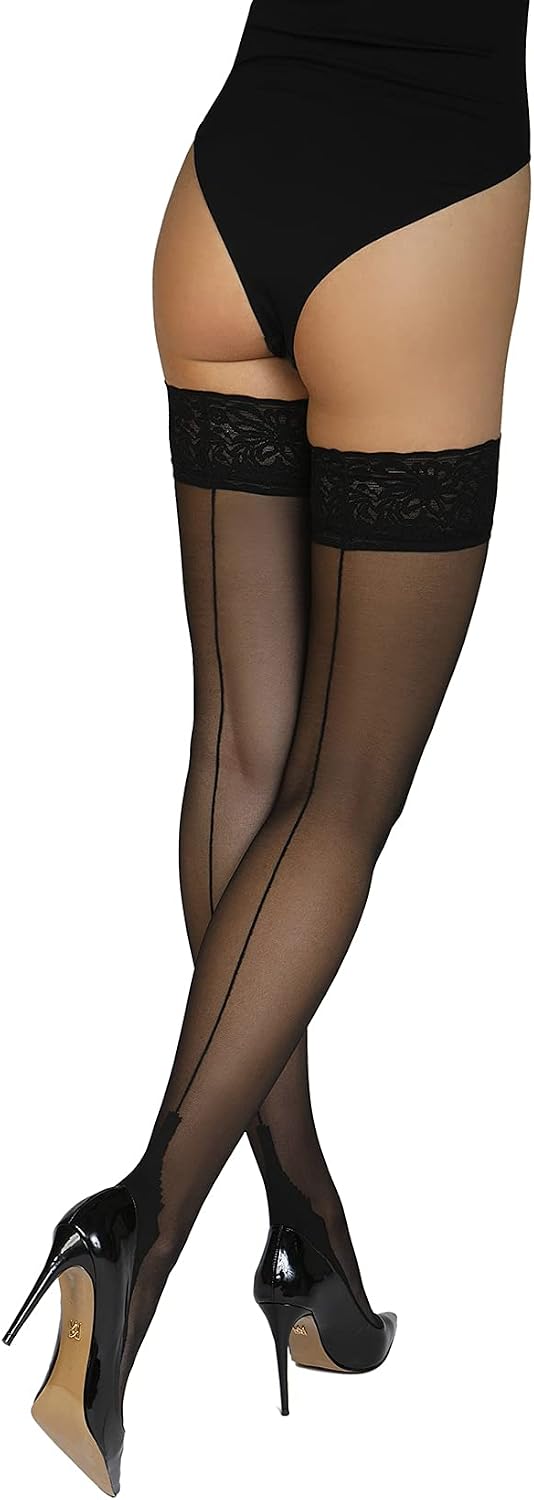 Annes styling Thigh High Stockings with Back Seam – Sheer 20 Den Lace Top Stay Up with Silicone Grip, Made in Italy